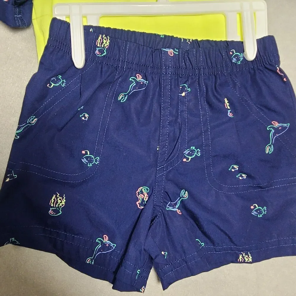 Carters Baby Boy Button Up Shirt, Shorts, Bodysuit 3pc Set Beach Summer Fish 12M